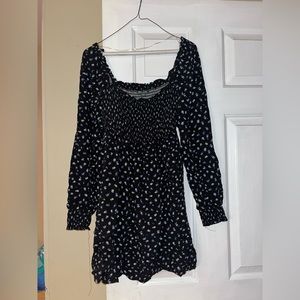 Black dress with blue and white flowers